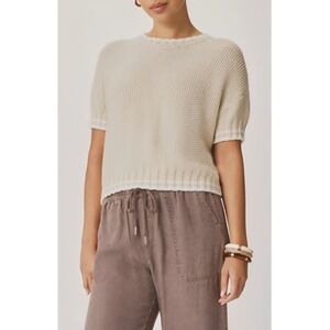 New Spendid Ann Marie Chunky Knit Crew Neck Cotton Sweater Large Beige Tan
